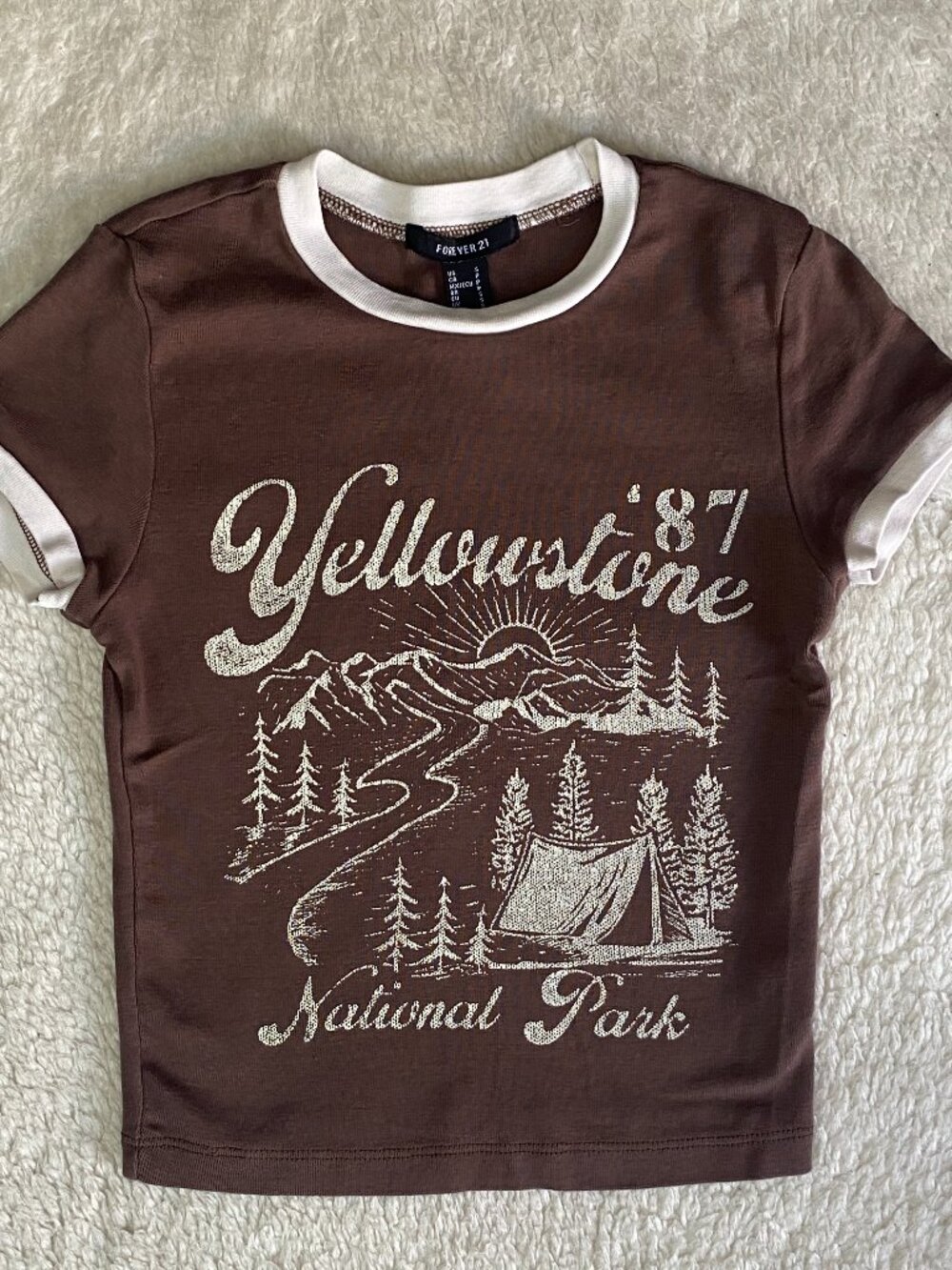 Forever 21 Yellowstone National Park Brown Ringer Baby Tee Crop Top